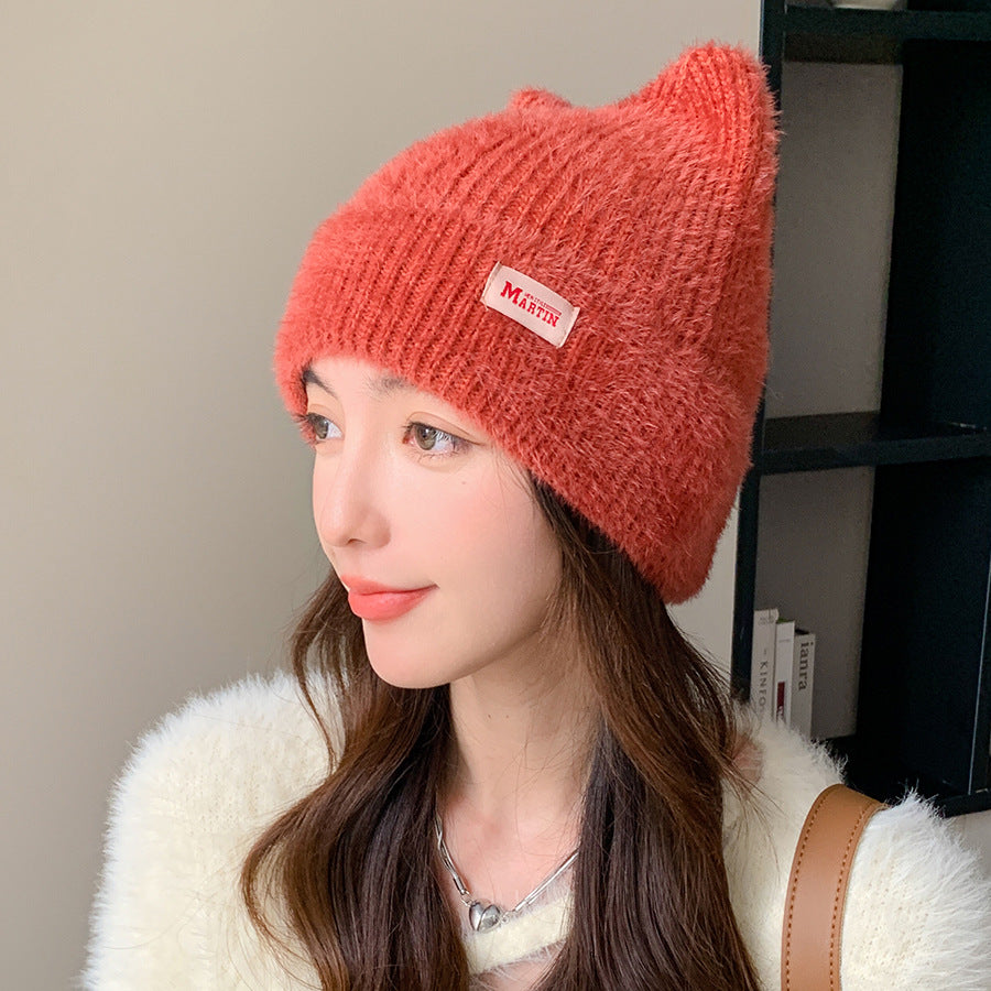 Casquette d'hiver en peluche avec oreilles de chat en vison pour fille, Protection chaude des oreilles, chapeau tricoté