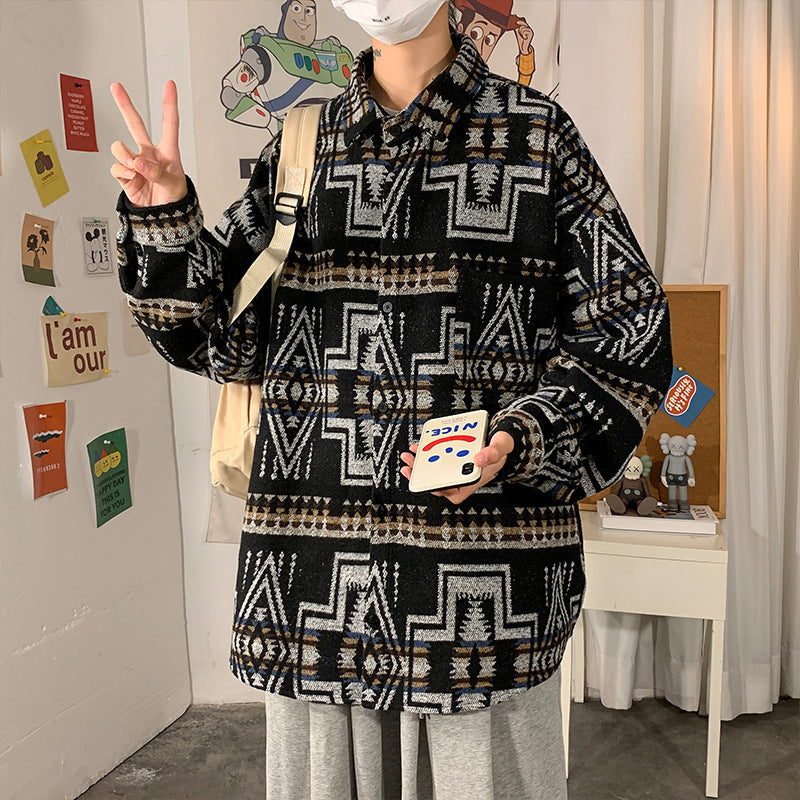 Hong Kong Style Poster Wall Loose Woolen Coat Plus Size Men