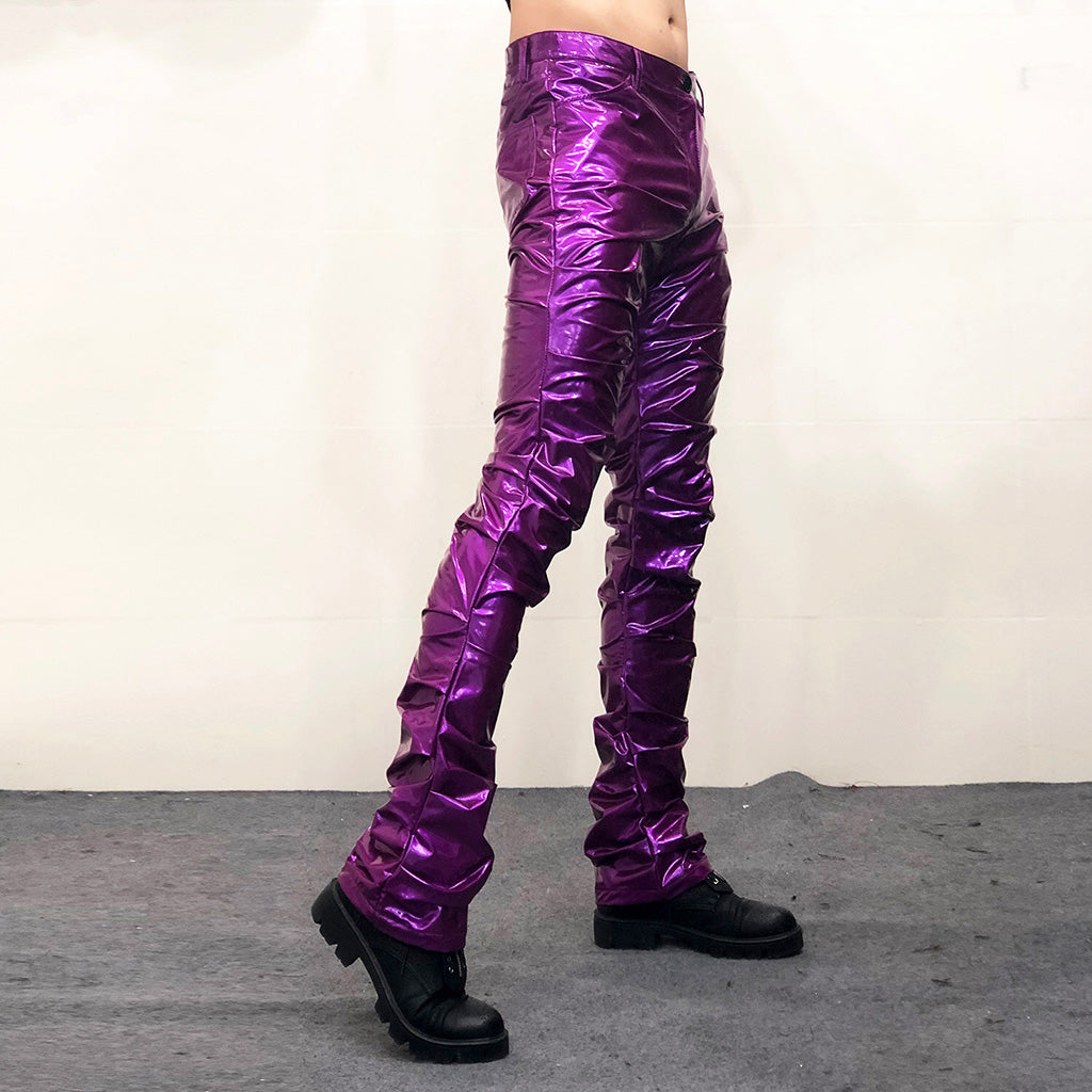 Pantalon en cuir évasé plissé miroir réfléchissant brillant sexy pour hommes