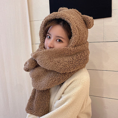 Chapeau ours mignon, écharpe intégrée pour femmes, automne et hiver, chapeau épais en peluche, costume trois pièces intégré