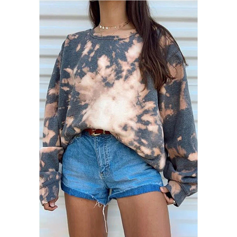 Autumn And Winter Tie-dye Casual Loose Round Neck Long Sleeve Pullover Print Women's Top