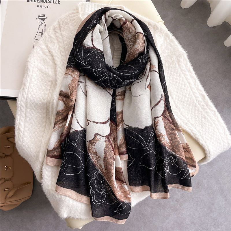 Cotton Linen Leaf Pattern Ladies Scarf