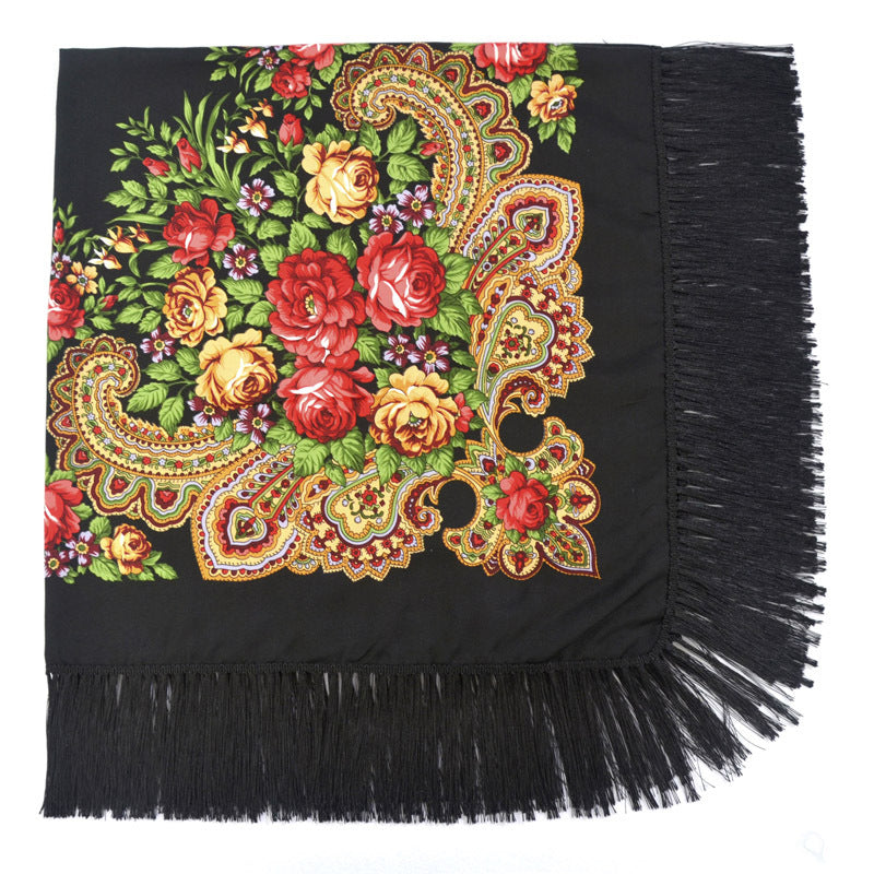 Women's Retro Print Floral Fringed Scarf