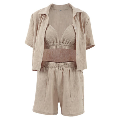 Sous-vêtements pyjama en gaze double couche, short trois pièces à manches courtes