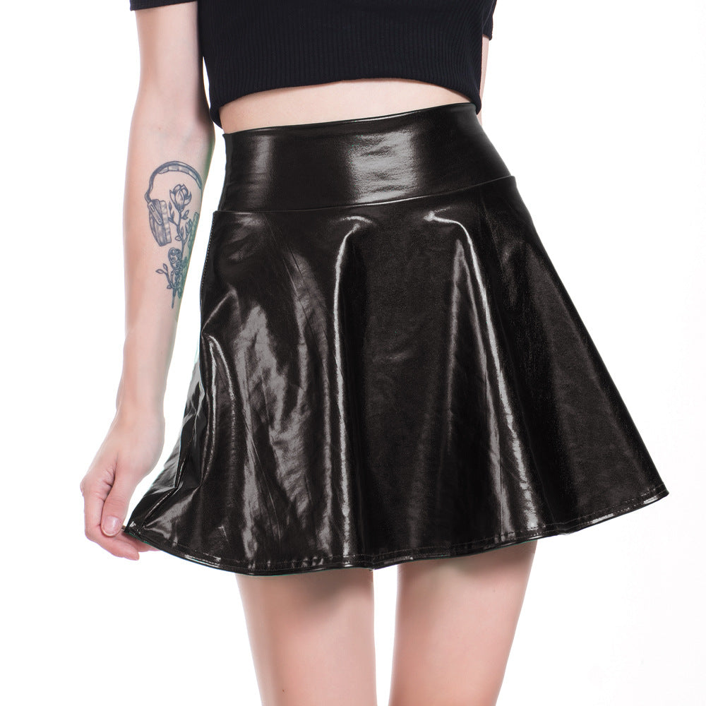 Metallic Coated Fabric Nightclub Stage Solid Color Performance Wear Faux Umbrella Skirt Women Pleated Skirt