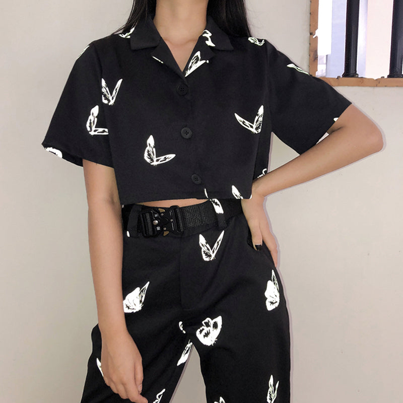 Reflective butterfly-print shirt & slim feet and overalls