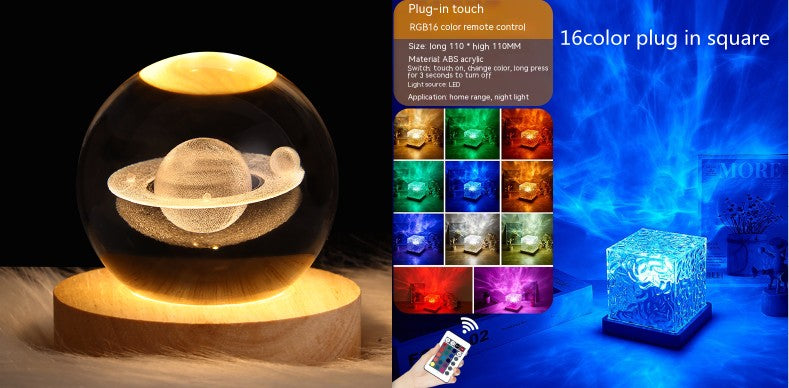 LED Water Ripple Ambient Night Light USB Rotating Projection Crystal Table Lamp RGB Dimmable Home Decoration 16 Color Gifts