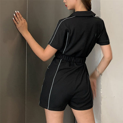 Reflective strip stitching zipper lapel jumpsuit