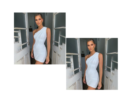 Sexy White Summer Dress Contrast Color Stitching One-shoulder Back Mini Tight Dress Birthday Club Set