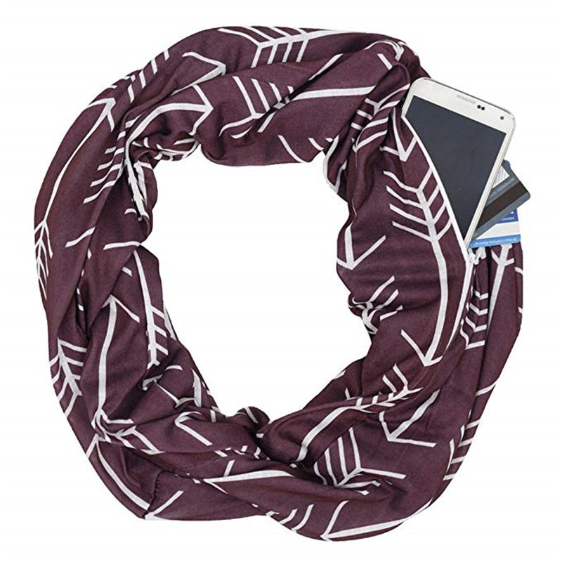 Pocket Scarf Arrow Pattern Printed Zipper Pocket Scarf