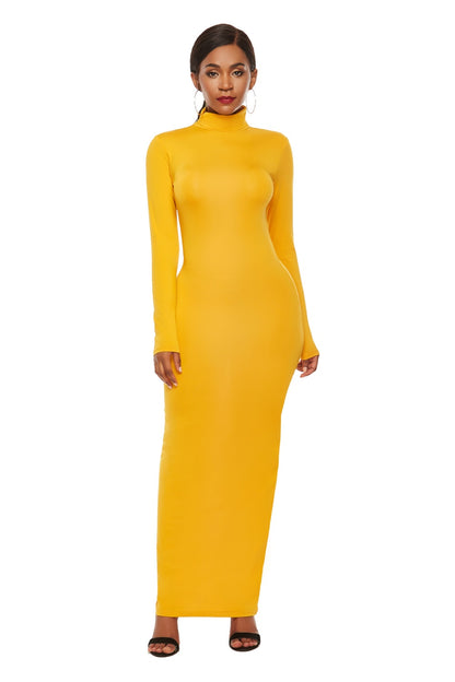 Robe Maxi Slim à Manches Longues et Col Montant