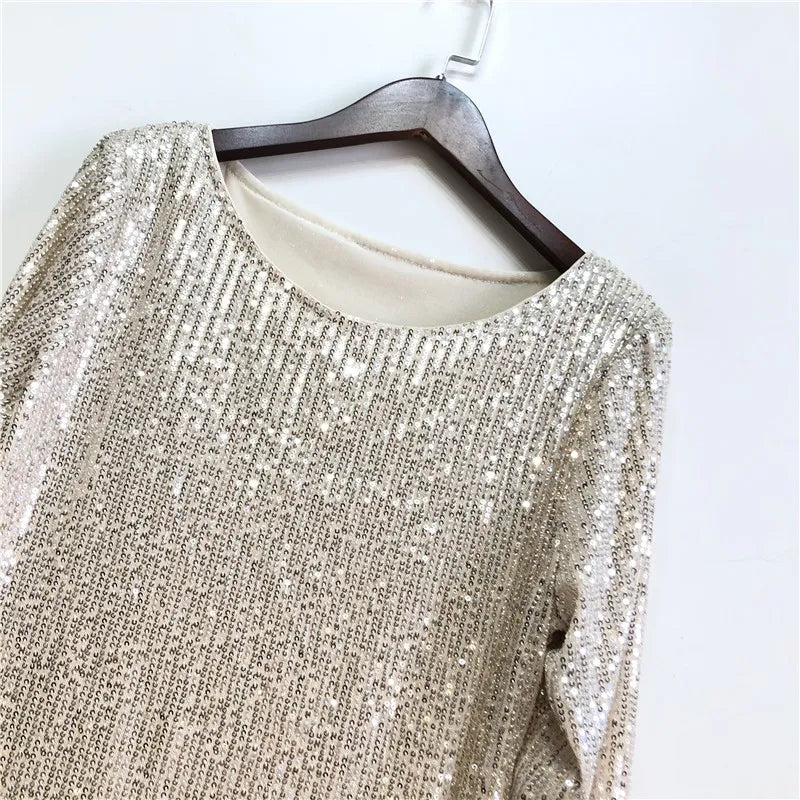 Long Sleeve Women Basic Solid Casual Pullovers Autumn Winter Slim Fit Bling Bling Shiny Women Sequined Tshirts