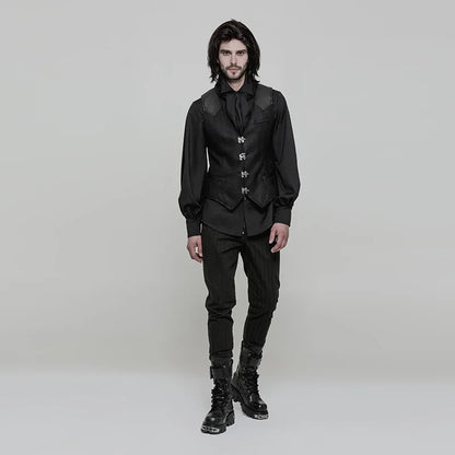 PUNK RAVE Steampunk Metal Rock Buttons Twill Men Waistcoat Vest PU leather Adjustable band Pockets Tank Tops Black Party Tees