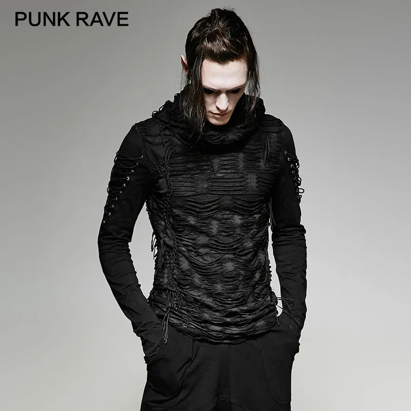 PUNK RAVE Men's T-shirt Punk Rock Cool  Gothic Casual Novelty Long Sleeve Hooded Sweatshirt Streetwear Personality Tops