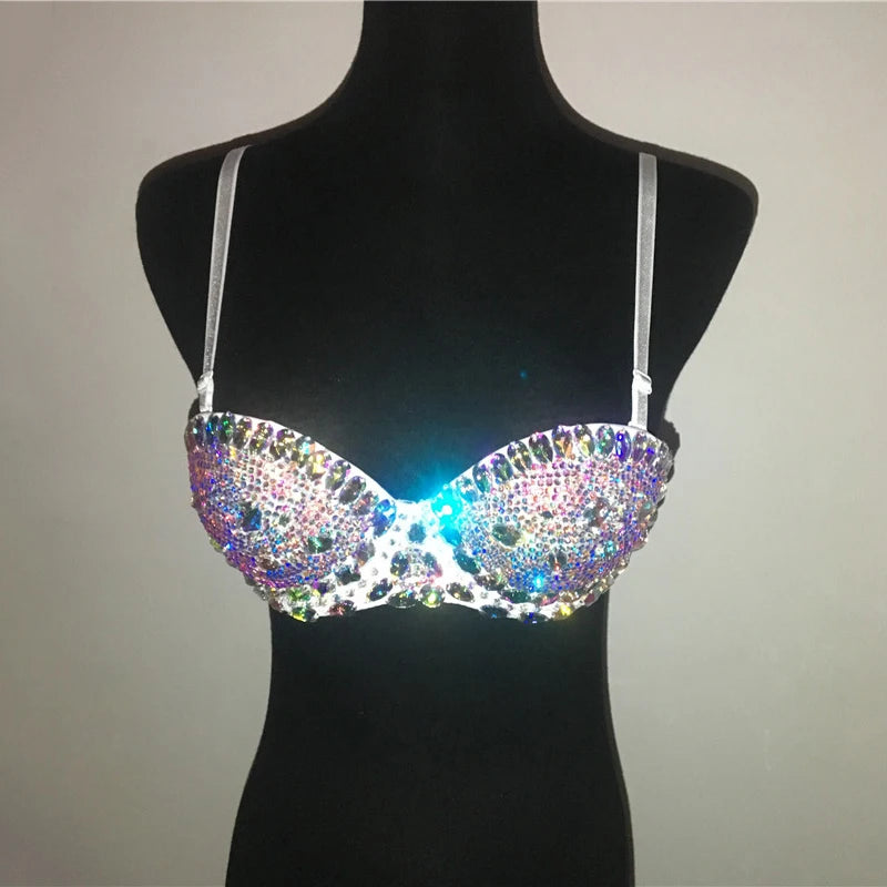 Shiny Two Piece Set Women Sexy Spaghetti Strap Colorful Gems Bra Crop Top Sequined Tassel Skirt Night Club Chic Two Piece Outfit