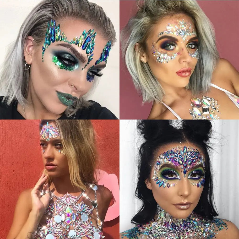 Women Mermaid Face Gems Glitter,Rhinestone Rave Face Jewels Festival,Crystals Face Stickers, Eyes Face Body Temporary Tattoos