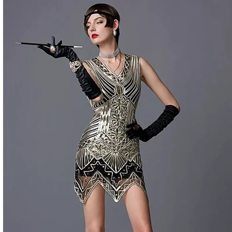 Vestido de fiesta estilo Gatsby con lentejuelas y dobladillo triangular, sin mangas, con hilo dorado y borlas bordadas, de los años 20