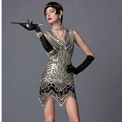 Robe de soirée Gatsby à paillettes et ourlet triangulaire pour femmes, sans manches, fil doré brodé, pompon, années 1920