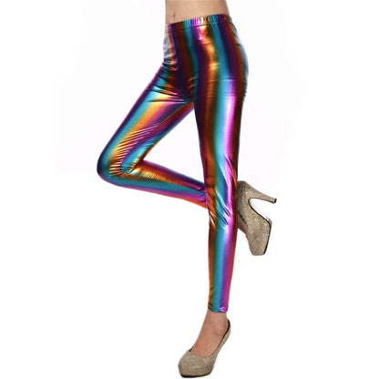 Glitter Holographic Pu Long Pants Rainbow Color Striped Elastic Pencil Pants Sexy Women Skinny Trousers Streetwear 2022 Fall