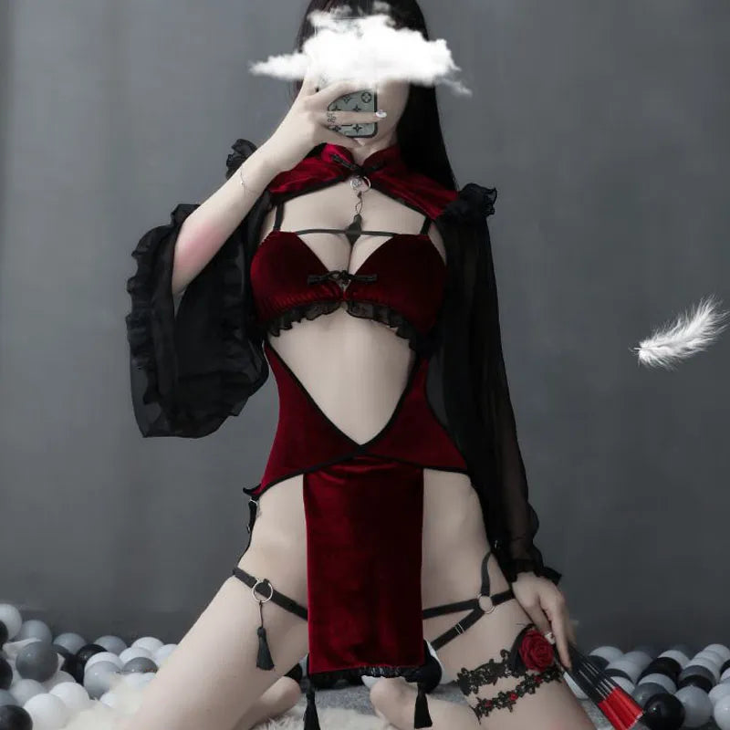 Punk Gothic Black Red Lace Sexy Lingerie for Women Maid Temptation Cute Evil Demon Cosplay Sleepwear Set Halloween Costumes