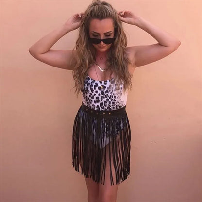 Vintage Black White Pu Leather Skirts Long Fringe Tassel High Waist Gothic Sexy Ladies Slim Music Festival Clubwear Skirt 2019