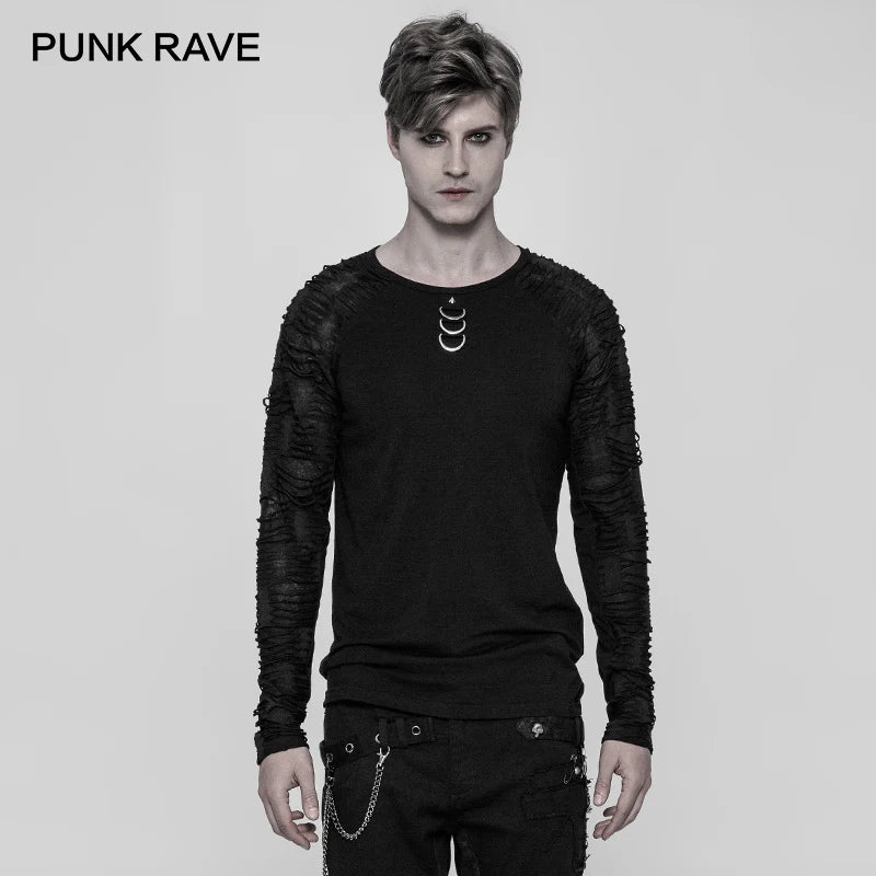 PUNK RAVE New Black Punk Men Long Sleeve T-Shirt Gothic  Fashion Casual Daily Cotton Dark Cool Man Tees Slim-Fitting Tops