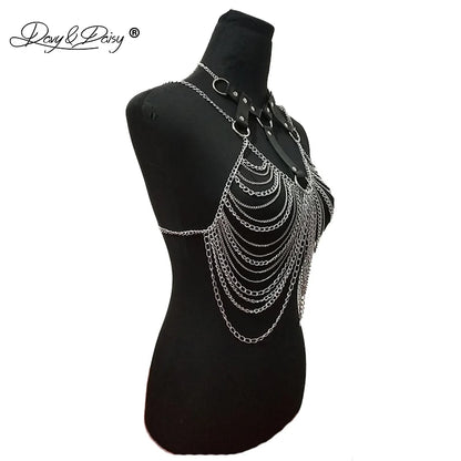 DAVYDAISY Women Punk Metal Chain Leather Top With Choker Nightclub Bra Belt Bondage Harness Rave Sexy Lingerie Cage Straps TA524