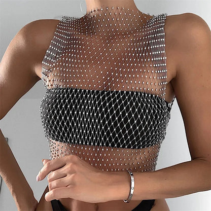 Women's Fishnet Rhinestone Crop Top 2023 Summer Sexy Mesh High Elastic Black White Shirt Net See Through Rave Diamond Tank Top