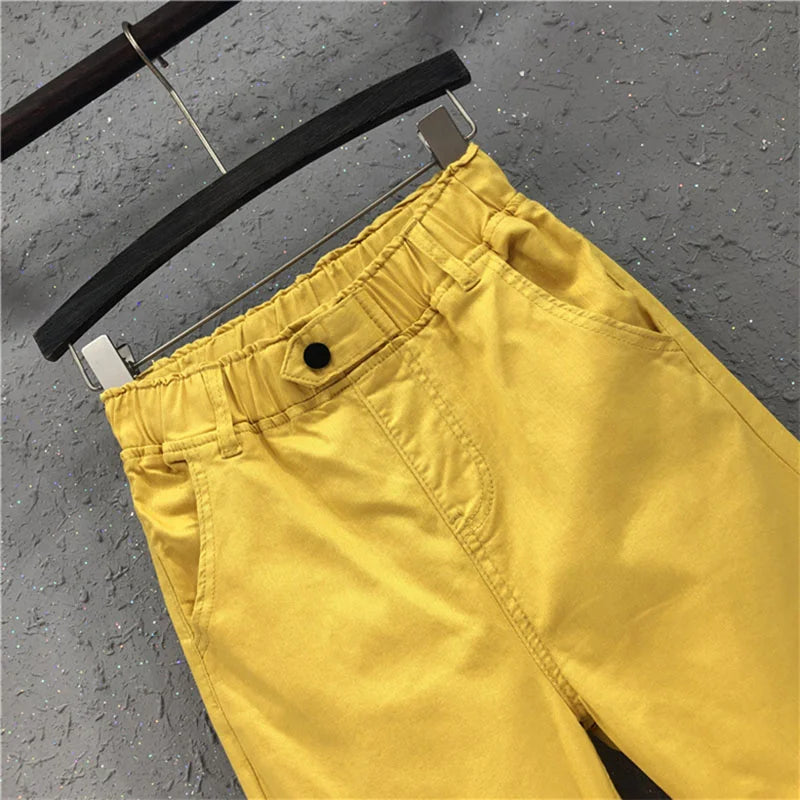 Pantalon sarouel en Denim de coton pour femmes, décontracté, assorti avec tout, taille élastique, jaune, blanc, noir, nouvelle collection été 2022, KZ530