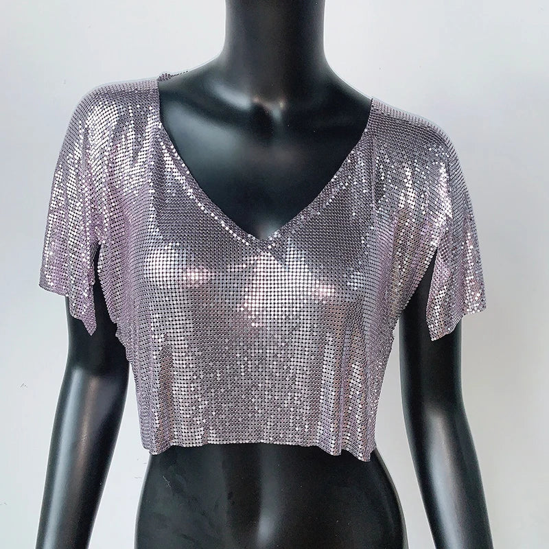 T-shirt col en V pour femme, haut à paillettes colorées en métal, manches à volants, brillant, décontracté, ample, à la mode, Streetwear, 2022