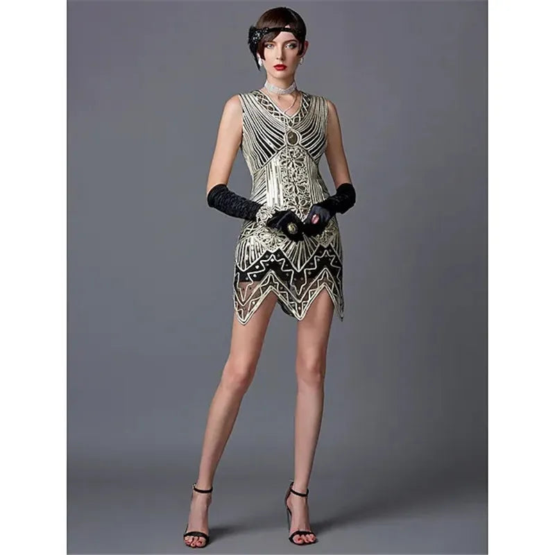 1920s Women's Sequin Triangle Hem Dress Sleeveless Gold Thread Embroidery Tassel Gatsby Party Dress