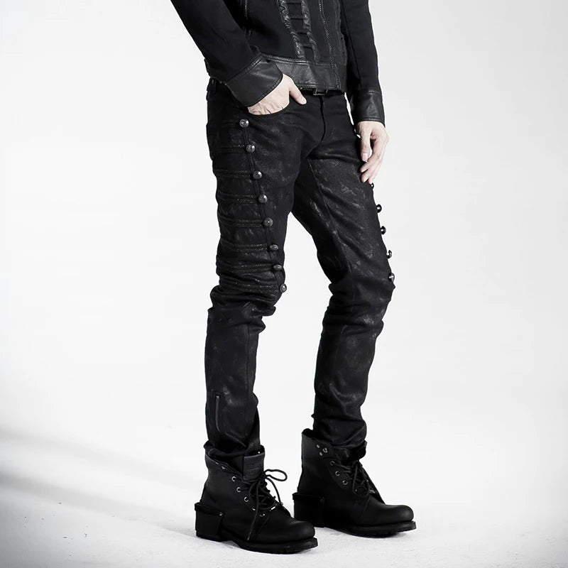 PUNK RAVE Men's Uniform Style Steampunk Street  Handsome Straight Elastic Pants Fashion Black Rivet Men Pencil Trousers