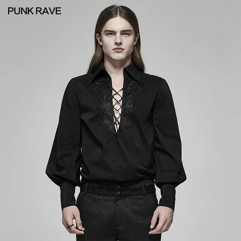 PUNK RAVE Men's Gothic Fire Dragon Vintage Long Sleeve Jacquard Shirt Sexy Translucent Lace Party Dinner Men Blouse