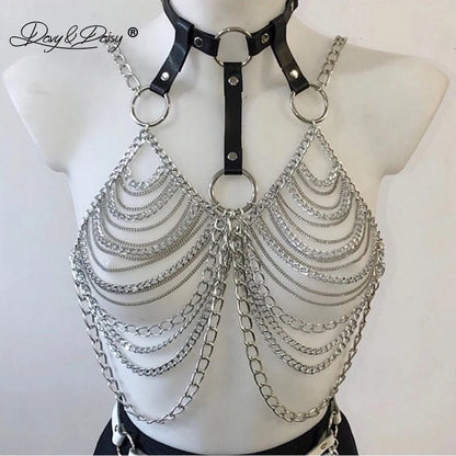 DAVYDAISY Women Punk Metal Chain Leather Top With Choker Nightclub Bra Belt Bondage Harness Rave Sexy Lingerie Cage Straps TA524