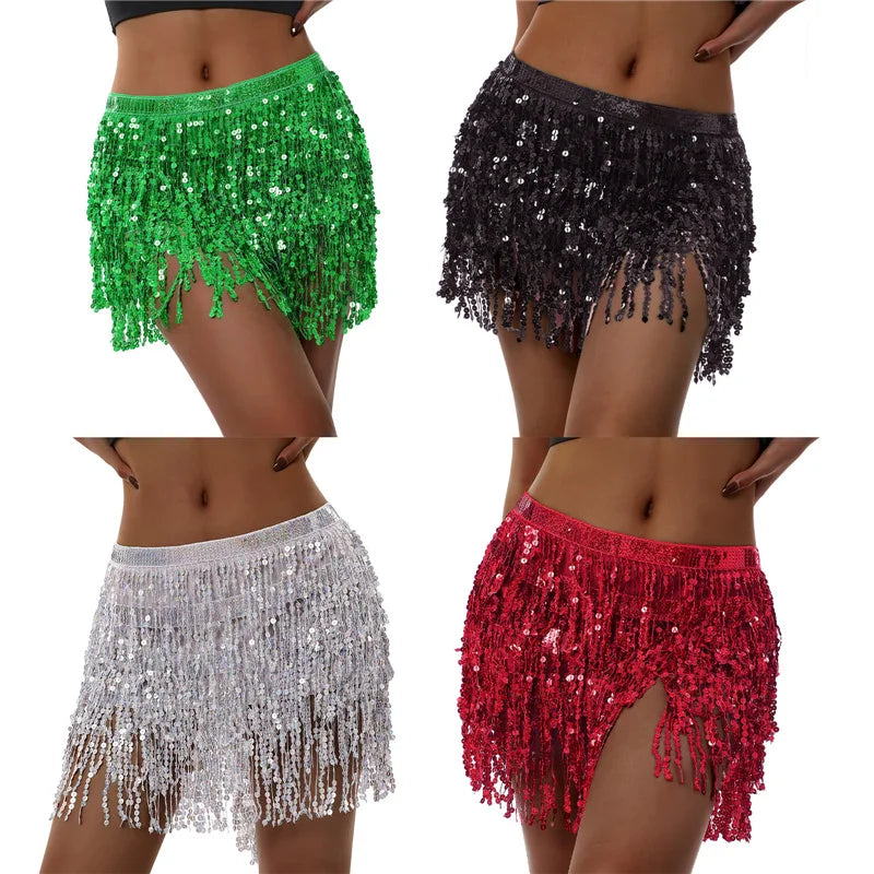 Women Sexy Belly Skirt Sequined Fringe Miniskirt with Adjustable Waist Straps Mini Skirt for Dance Performance Rave Party