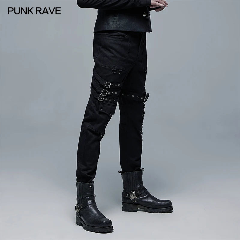 PUNK RAVE Men's Punk Coarse Twill Woven Straight Long Pants Gothic Daily Handsome cool Men Pencil Trousers Streetwear