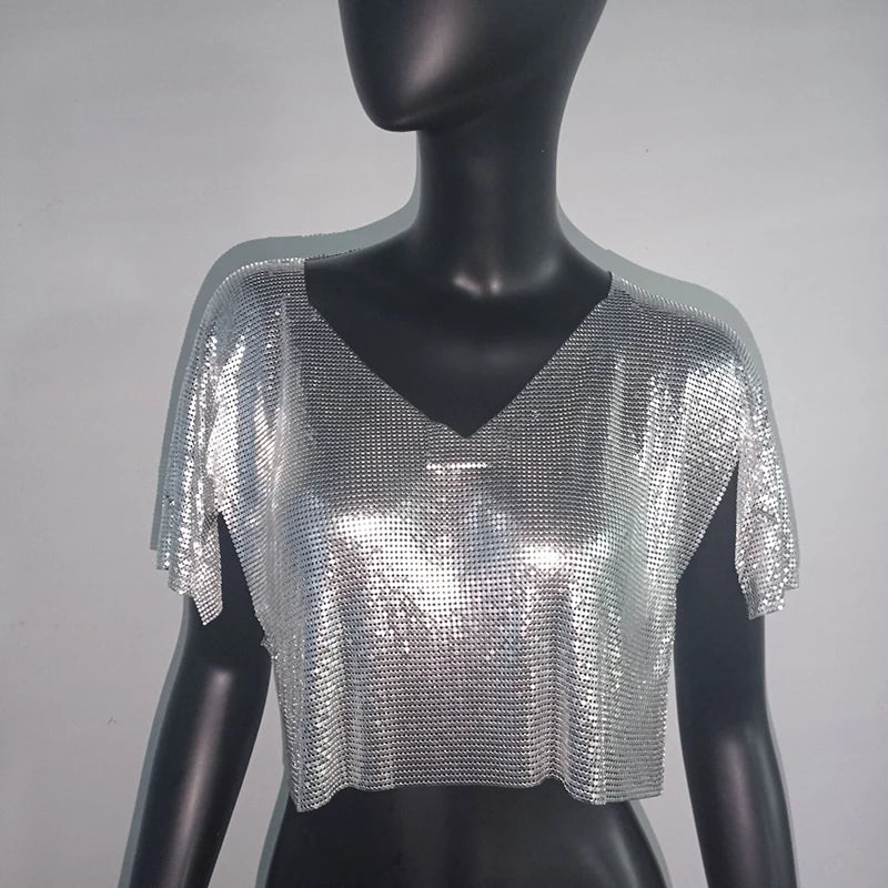 Tops de lentejuelas coloridas de Metal para mujer, camiseta Sexy con cuello en V, manga con volantes, camisetas holgadas informales brillantes para mujer, ropa de calle de moda 2022