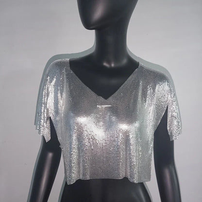 T-shirt col en V pour femme, haut à paillettes colorées en métal, manches à volants, brillant, décontracté, ample, à la mode, Streetwear, 2022