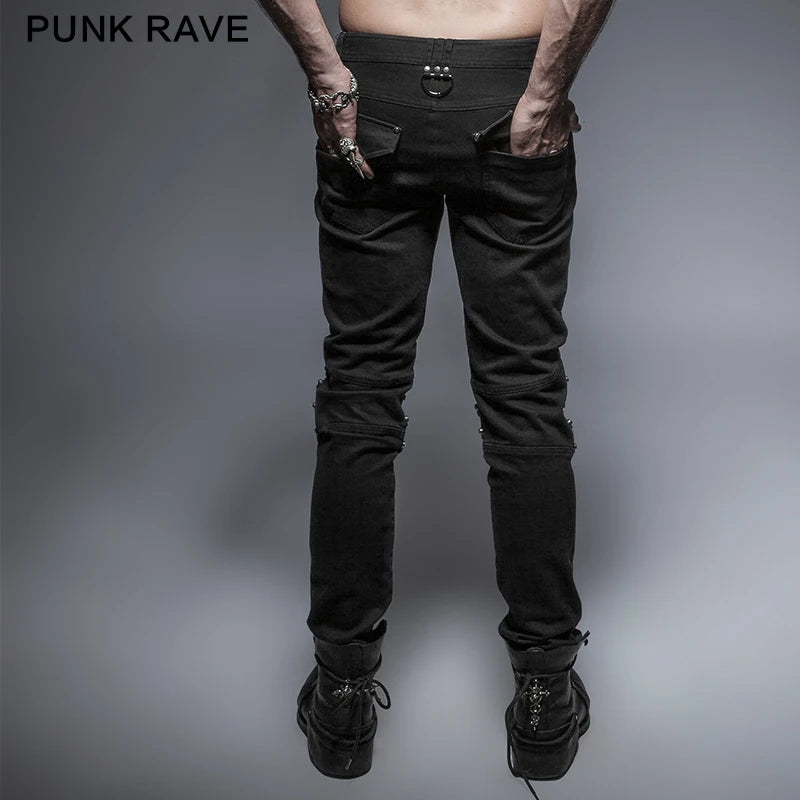 PUNK RAVE Punk Rock Visual Kei Black Long Pants Zipper Decoration Trousers Fashion Casual Fitted Armor Knee Man Jeans