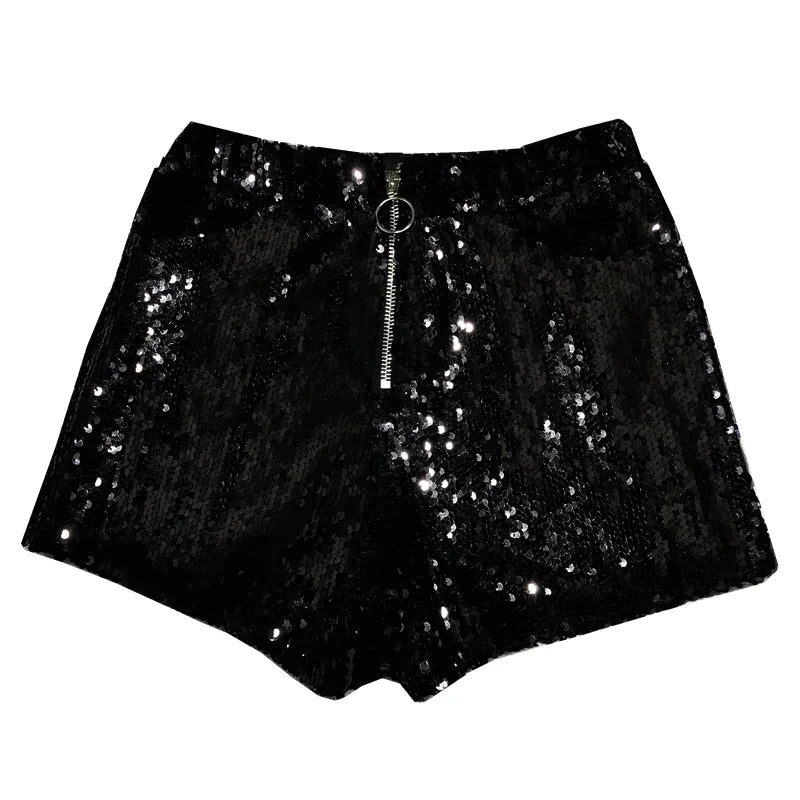 Bling Sexy mujeres pantalones cortos de lentejuelas de cintura alta o-ring Zip ceñido al cuerpo pantalones cortos femeninos ajustados Fiesta Club Festival Raves pantalones cortos de baile en barra