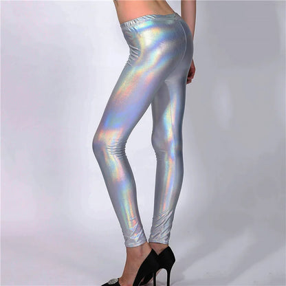 Glitter Holographic Pu Long Pants Rainbow Color Striped Elastic Pencil Pants Sexy Women Skinny Trousers Streetwear 2022 Fall