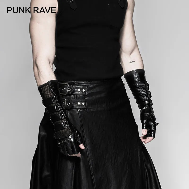 PUNK RAVE Steampunk negro locomotora hombres guantes largos Moda Gótica Rock remaches malla + PU cuero recubierto masculino remache guante un par