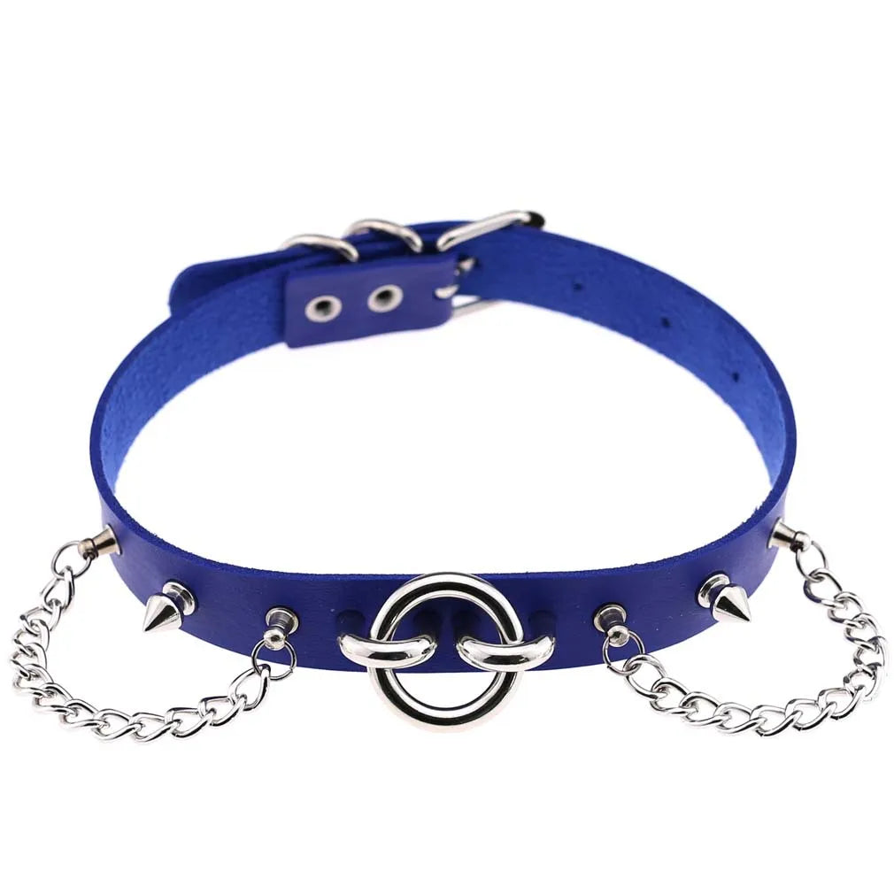 Trendy Blue Cosplay Harajuku Punk Rock Gothic Necklace Sexy PU Leather Heart Round Spike Collar Choker Necklace Body Accessories