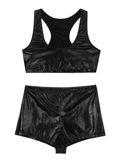 Ropa de baile en barra para mujer, traje de fiesta Rave para Hombre Ardiente, pantalones cortos, Top corto con espalda de corredor, trajes de baile Punk sexys metálicos brillantes