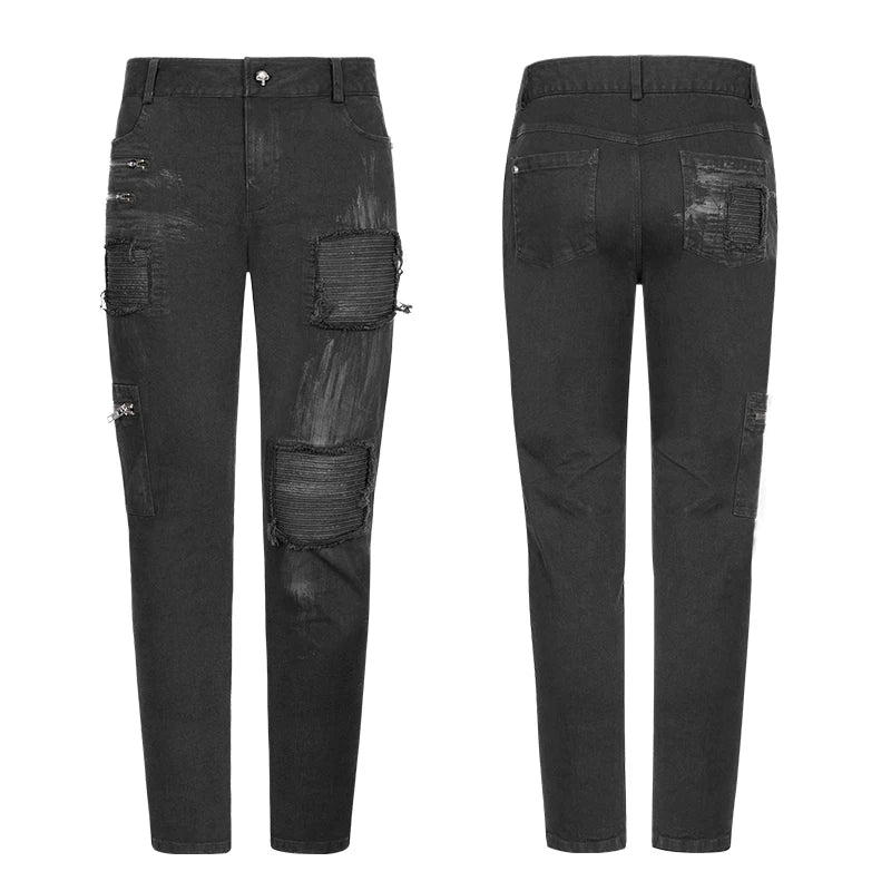 Pantalones PUNK RAVE de sarga negra gótica decadente para hombre con parches de costura y cremallera, pantalones Punk Rock para hombre, ropa de calle