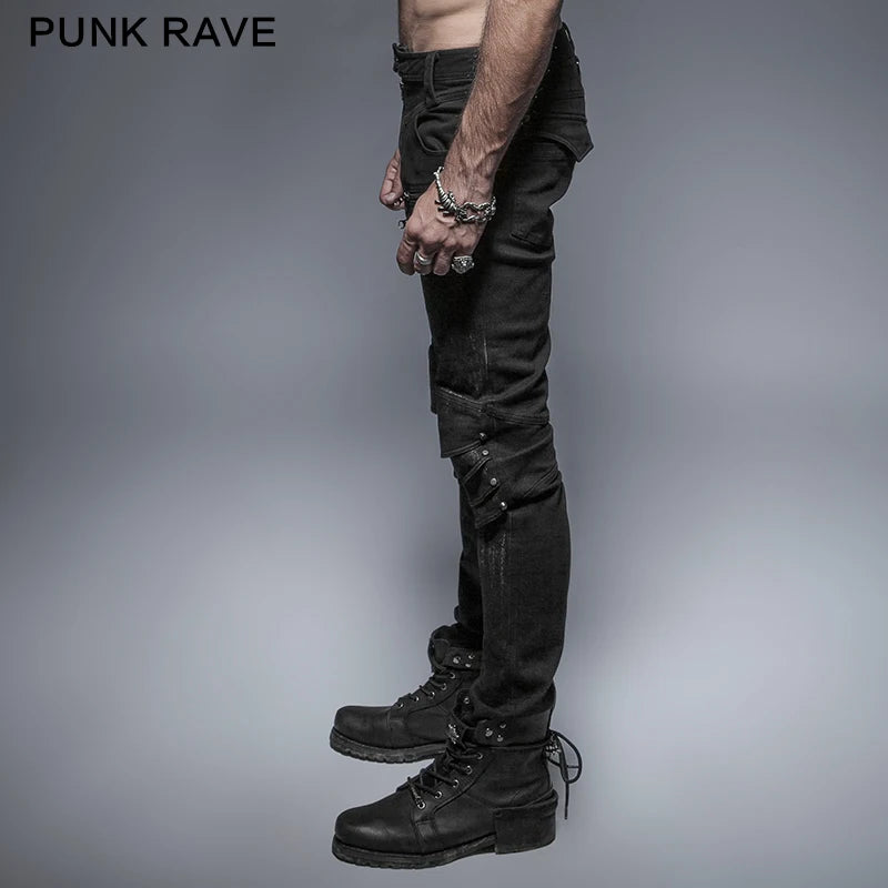 PUNK RAVE Punk Rock Visual Kei Black Long Pants Zipper Decoration Trousers Fashion Casual Fitted Armor Knee Man Jeans