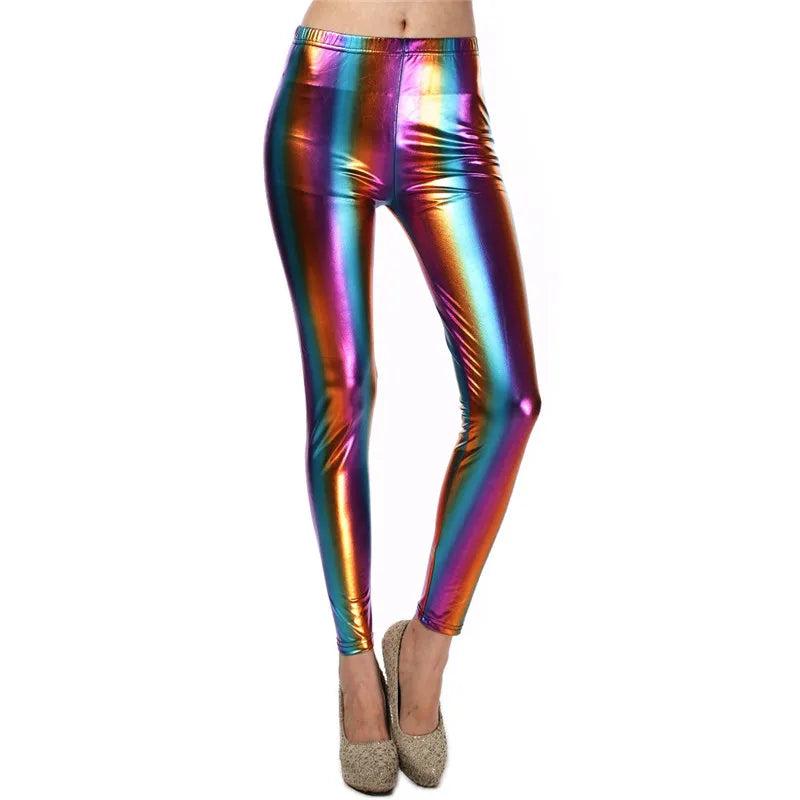 Glitter Holographic Pu Long Pants Rainbow Color Striped Elastic Pencil Pants Sexy Women Skinny Trousers Streetwear 2022 Fall