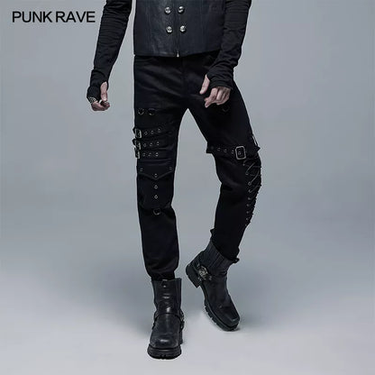 PUNK RAVE Men's Punk Coarse Twill Woven Straight Long Pants Gothic Daily Handsome cool Men Pencil Trousers Streetwear