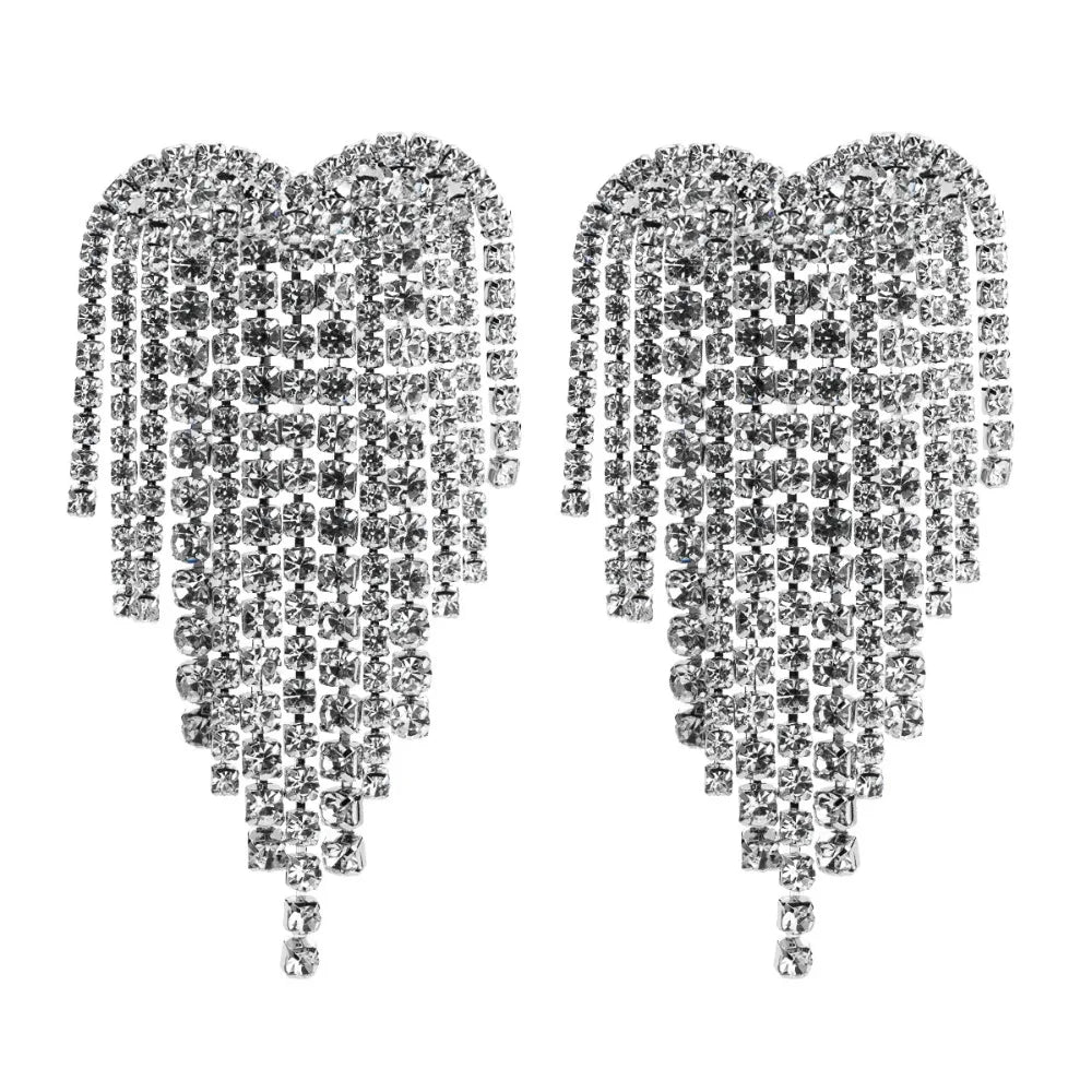 Large Rhinestone Earring Heart Hanging Earrings With Rhinestones Long Fringe New Year Party Wedding Fashion Jewelry