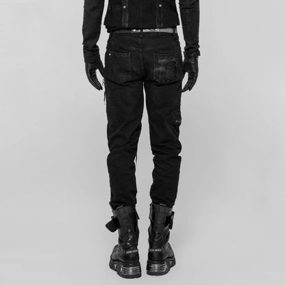 PUNK RAVE Men's Gothic Decadent Black Twill Trousers with Stitching Patches and Zip Features Punk Rock Men Pants Streetwear